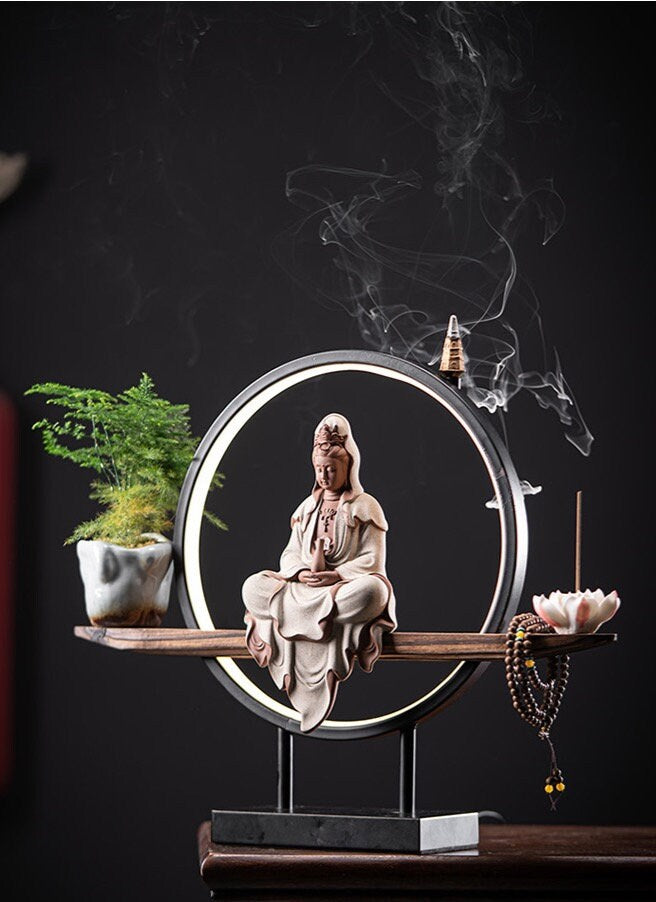 Porcelain Guan Yin Statue Decorative Set with LED light | Buddha Statue | Kuan Yin Quan Yin | Meditation | Home Decoration | Incense Burner