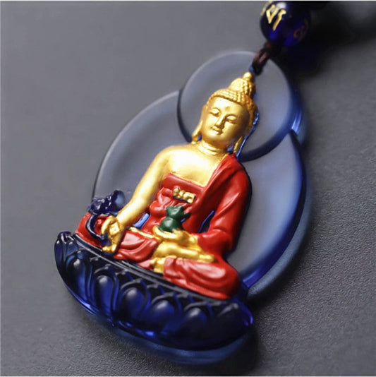 Liu Li Medicine Buddha Amulet Pendant Medallions | Meditation and Blessing | Protection | Mindful Gift | Blue Pink Pendants