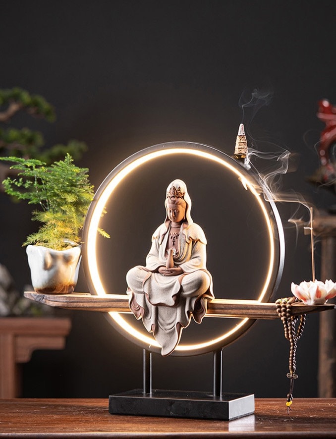 Porcelain Guan Yin Statue Decorative Set with LED light | Buddha Statue | Kuan Yin Quan Yin | Meditation | Home Decoration | Incense Burner