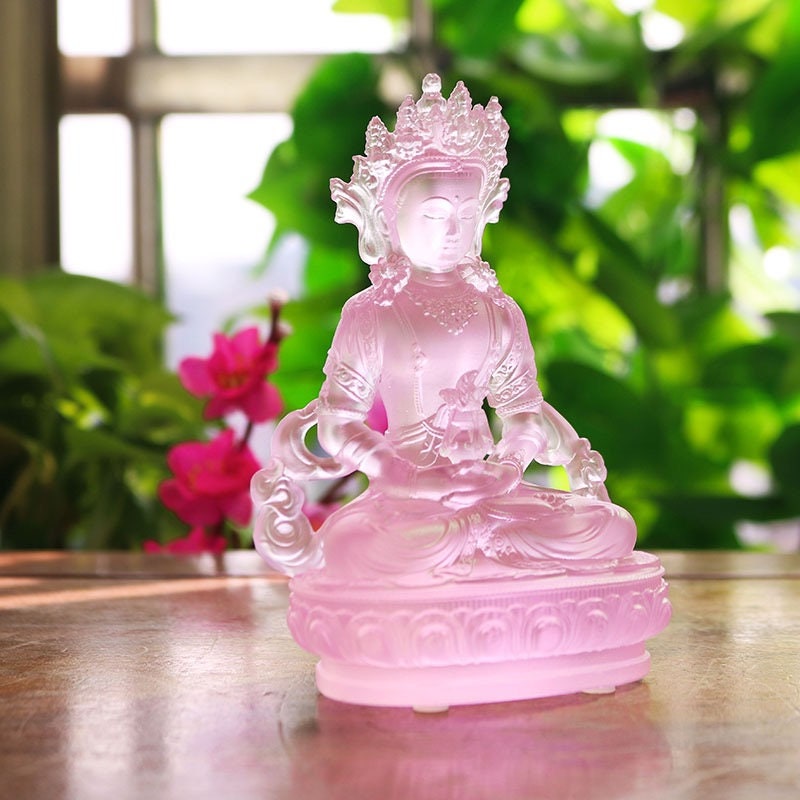 Liu Li Amitayus Buddha Statue | Glass Sculputre Ornaments | Religion | Longevity Buddha | Tibetan Mantra | Altar Praying | Meditation | Pink
