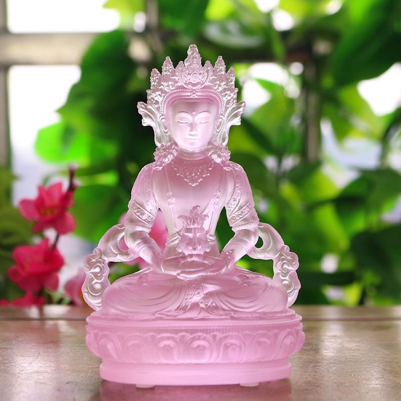Liu Li Amitayus Buddha Statue | Glass Sculputre Ornaments | Religion | Longevity Buddha | Tibetan Mantra | Altar Praying | Meditation | Pink