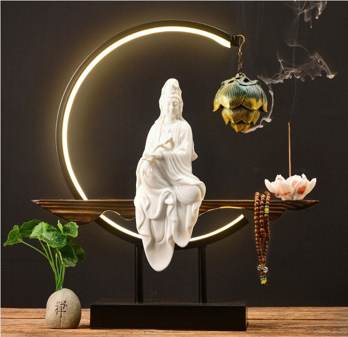 Porcelain White & Beige Guan Yin Statue Decorative Set with LED light | Buddha Statue | Kuan Yin Quan Yin | Meditation | Incense Burner