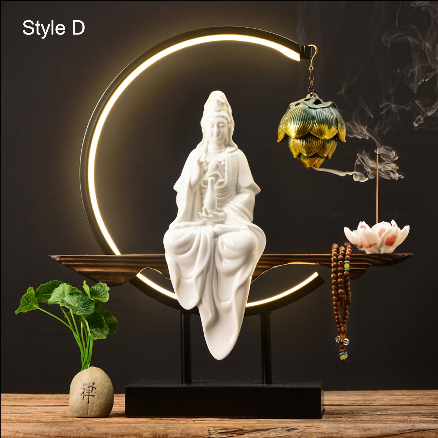 Porcelain White & Beige Guan Yin Statue Decorative Set with LED light | Buddha Statue | Kuan Yin Quan Yin | Meditation | Incense Burner