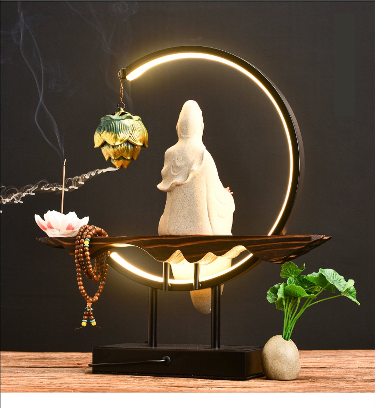 Porcelain White & Beige Guan Yin Statue Decorative Set with LED light | Buddha Statue | Kuan Yin Quan Yin | Meditation | Incense Burner