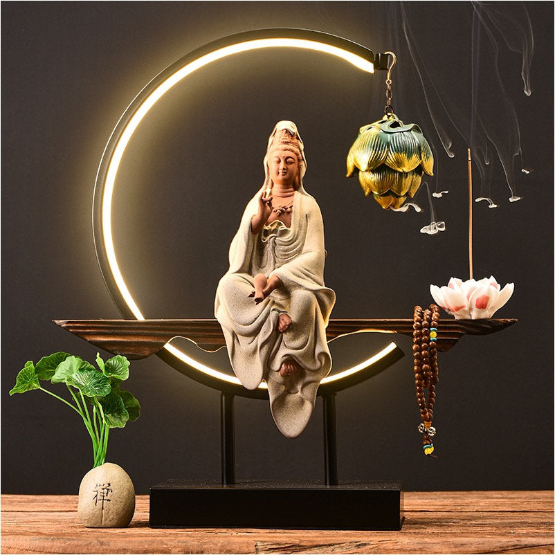 Porcelain White & Beige Guan Yin Statue Decorative Set with LED light | Buddha Statue | Kuan Yin Quan Yin | Meditation | Incense Burner