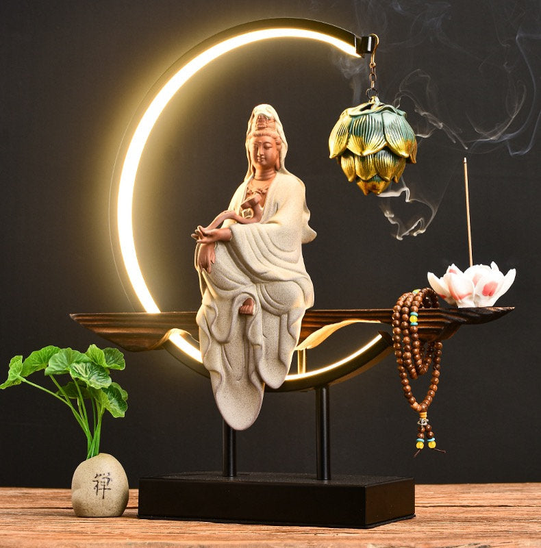 Porcelain White & Beige Guan Yin Statue Decorative Set with LED light | Buddha Statue | Kuan Yin Quan Yin | Meditation | Incense Burner