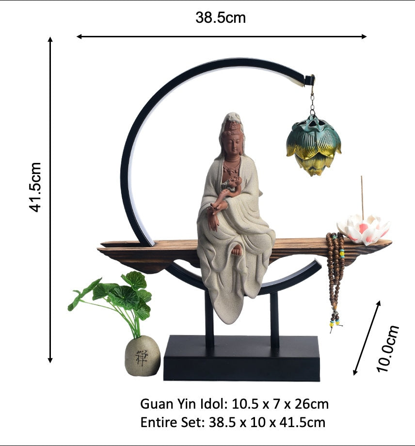 Porcelain White & Beige Guan Yin Statue Decorative Set with LED light | Buddha Statue | Kuan Yin Quan Yin | Meditation | Incense Burner