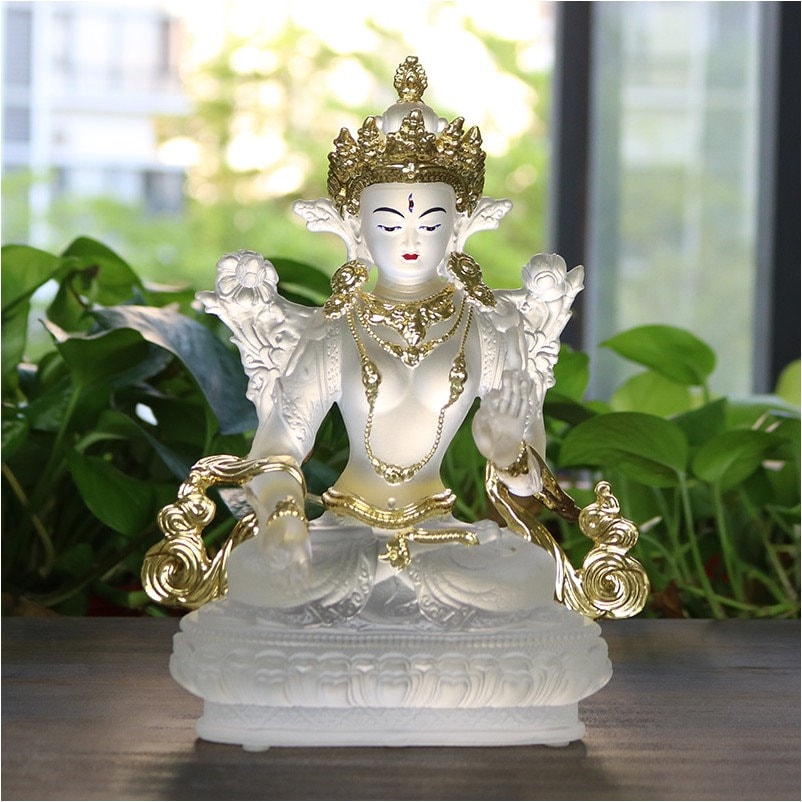 Liu Li White Tara Buddha Statue with Gold Coating and Face Painting | 22cm Height | Liu li Glass Sculputre Ornaments | Meditation & Altar