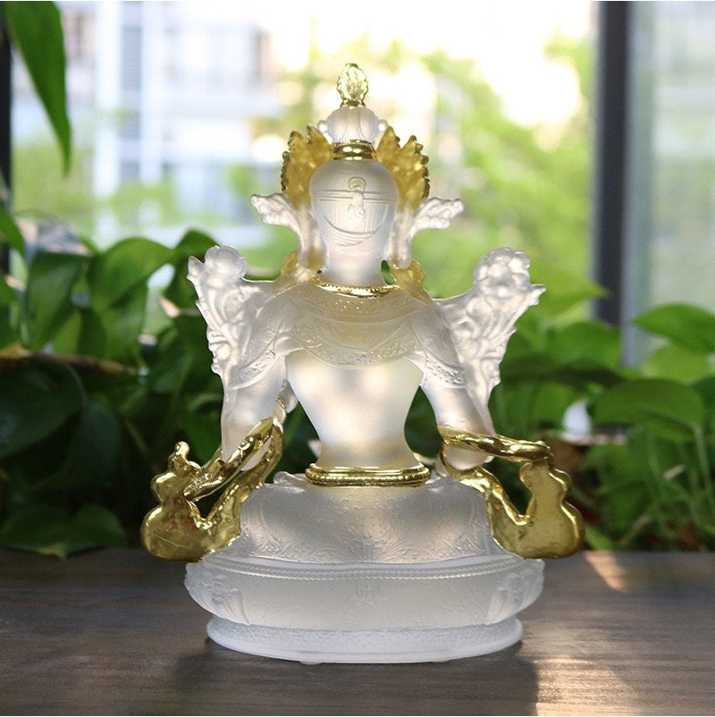 Liu Li White Tara Buddha Statue with Gold Coating and Face Painting | 22cm Height | Liu li Glass Sculputre Ornaments | Meditation & Altar