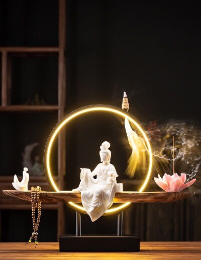 Porcelain White Guan Yin Statue Decorative Set with LED light | Buddha Statue | Kuan Yin Quan Yin | Meditation | Incense Burner