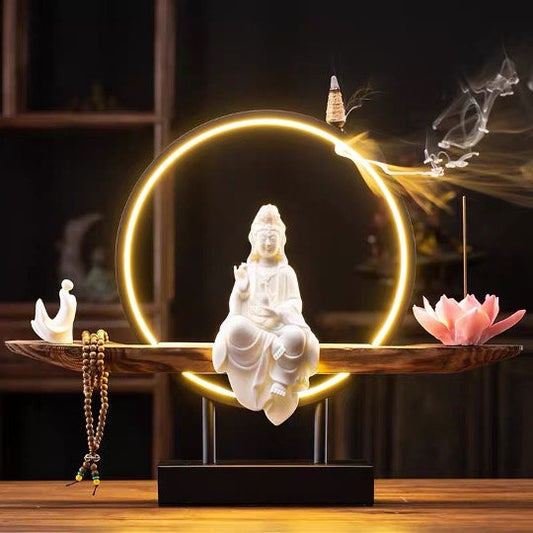 Porcelain White Guan Yin Statue Decorative Set with LED light | Buddha Statue | Kuan Yin Quan Yin | Meditation | Incense Burner