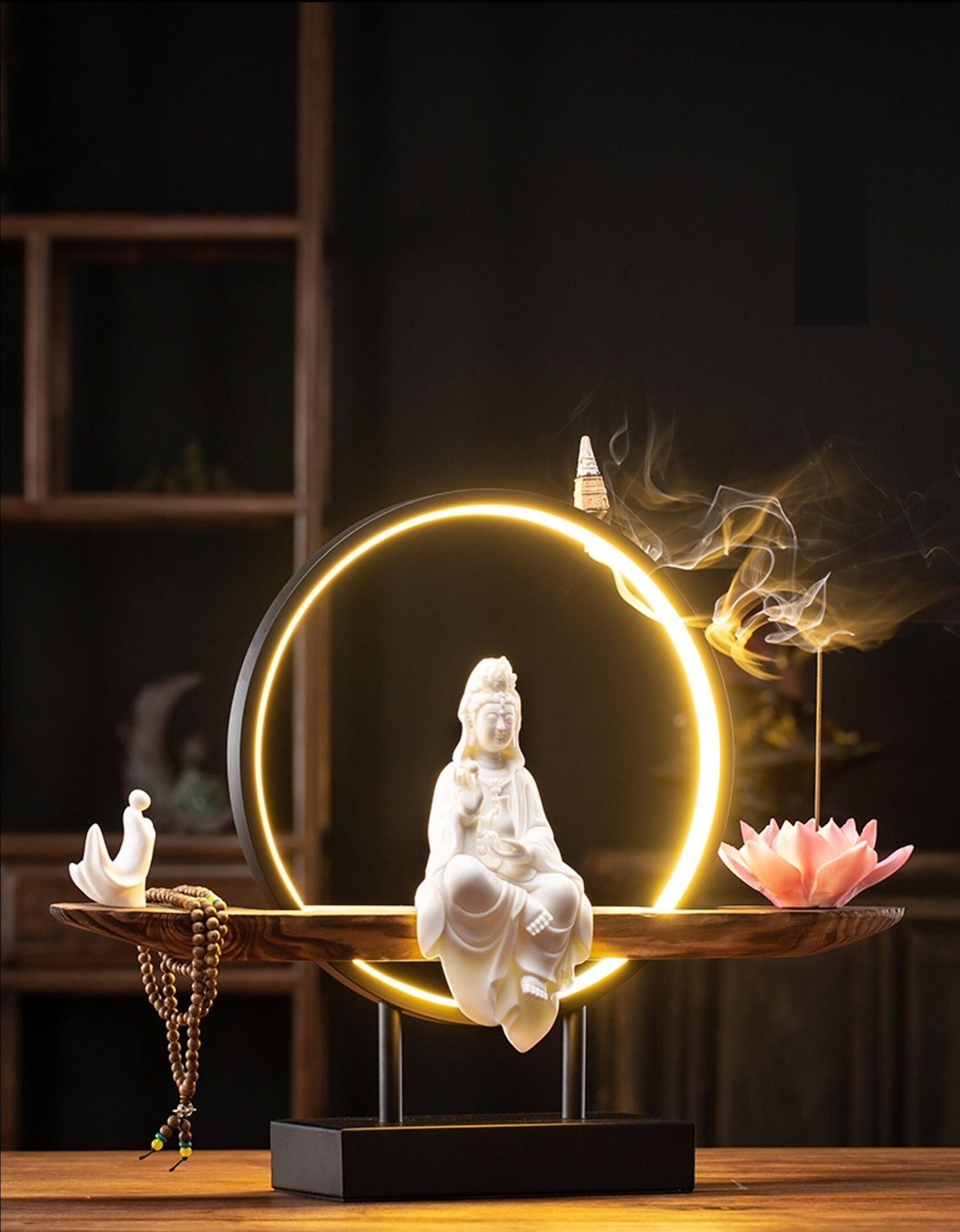 Porcelain White Guan Yin Statue Decorative Set with LED light | Buddha Statue | Kuan Yin Quan Yin | Meditation | Incense Burner