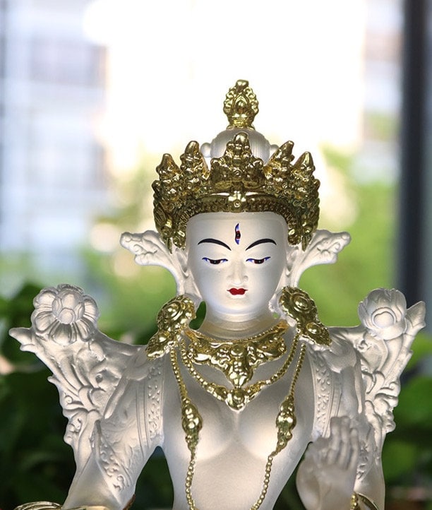 Liu Li White Tara Buddha Statue with Gold Coating and Face Painting | 22cm Height | Liu li Glass Sculputre Ornaments | Meditation & Altar