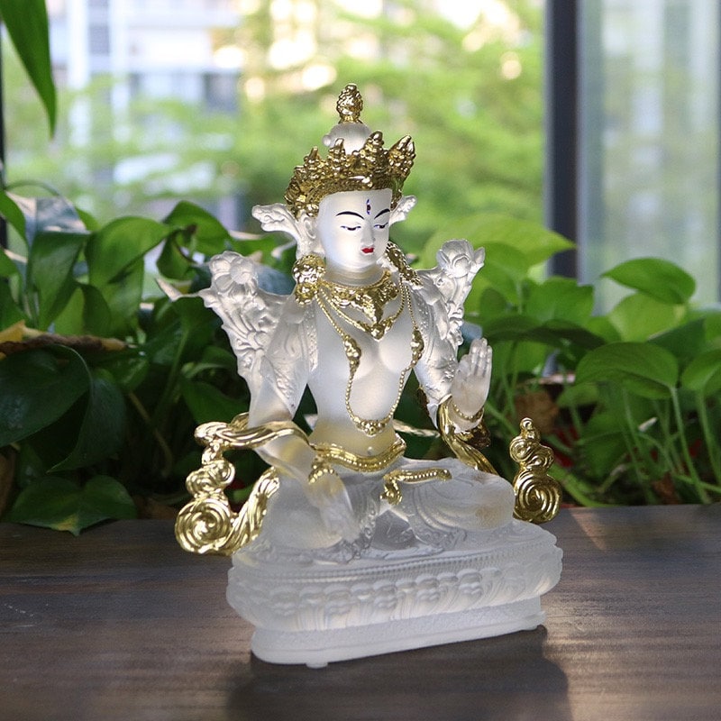 Liu Li White Tara Buddha Statue with Gold Coating and Face Painting | 22cm Height | Liu li Glass Sculputre Ornaments | Meditation & Altar