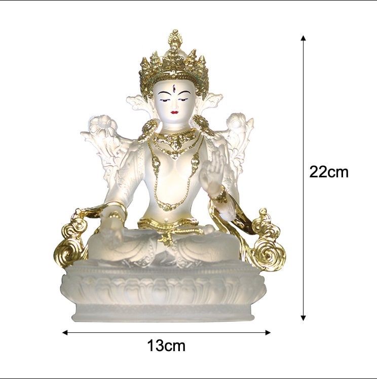 Liu Li White Tara Buddha Statue with Gold Coating and Face Painting | 22cm Height | Liu li Glass Sculputre Ornaments | Meditation & Altar