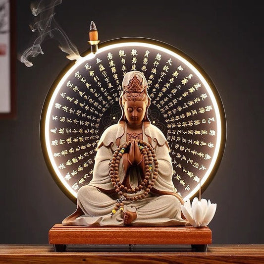 Guan Yin Statue Decorative Set with LED Heart Sutra  | Buddha Statue | Kuan Yin Quan Yin | Meditation | Home Decoration | Incense Burner
