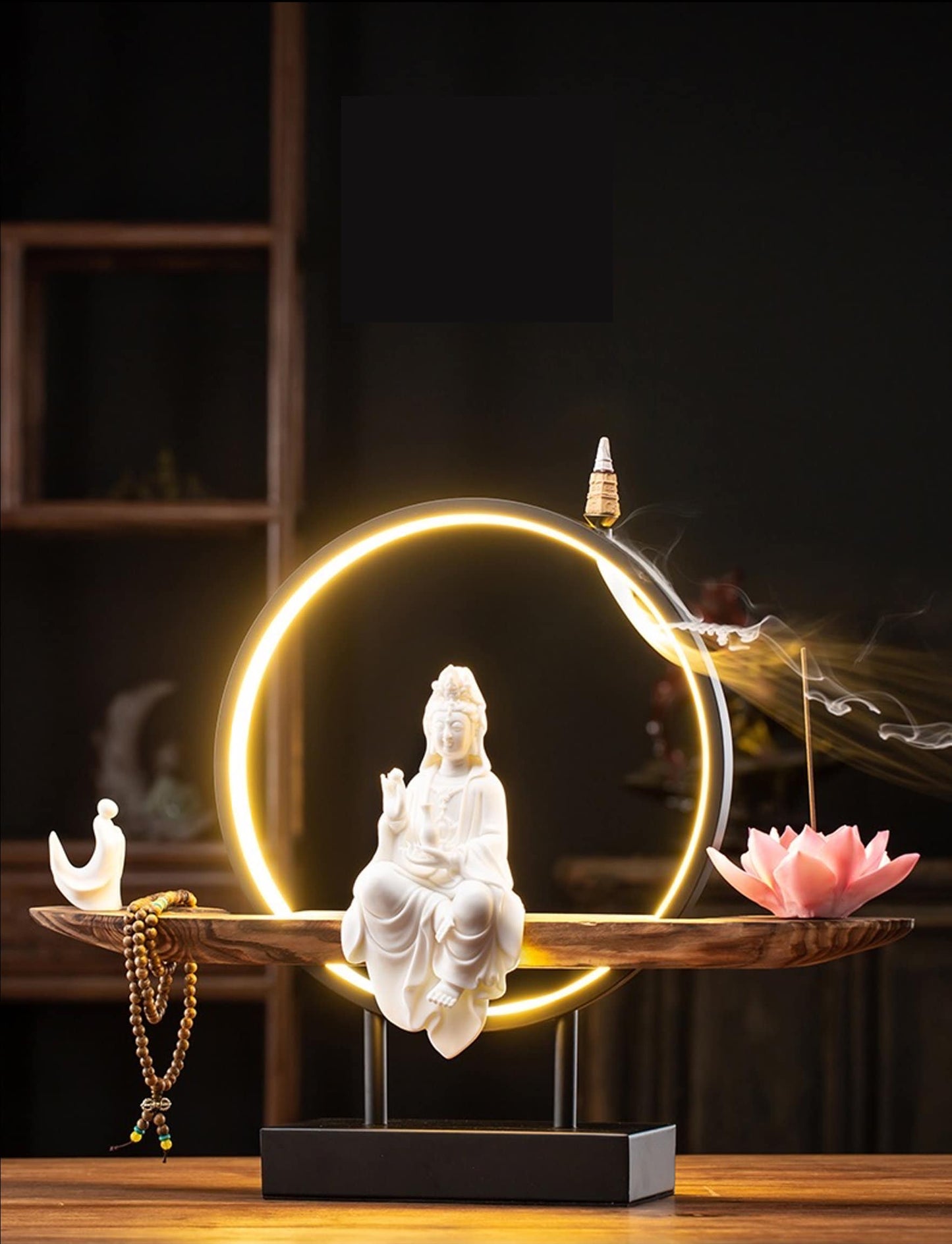 Porcelain White Guan Yin Statue Decorative Set with LED light | Buddha Statue | Kuan Yin Quan Yin | Meditation | Incense Burner