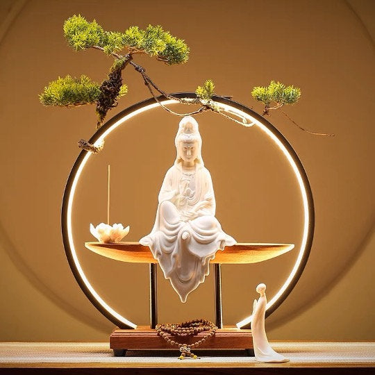 Beige and White Guan Yin Statue Decorative Set with LED light | Buddha Statue | Kuan Yin Quan Yin | Meditation | Home Decoration | Incense