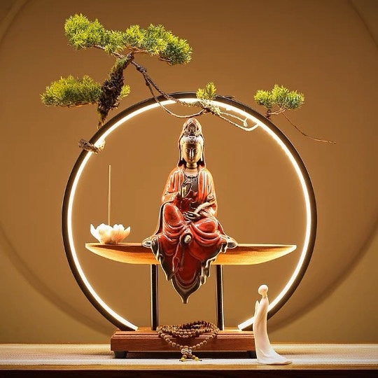 Beige and White Guan Yin Statue Decorative Set with LED light | Buddha Statue | Kuan Yin Quan Yin | Meditation | Home Decoration | Incense