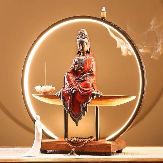 Beige and White Guan Yin Statue Decorative Set with LED light | Buddha Statue | Kuan Yin Quan Yin | Meditation | Home Decoration | Incense