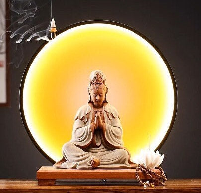 Guan Yin Statue Decorative Set with LED light | Buddha Statue | Kuan Yin Quan Yin | Meditation | Home Decoration | Incense Burner