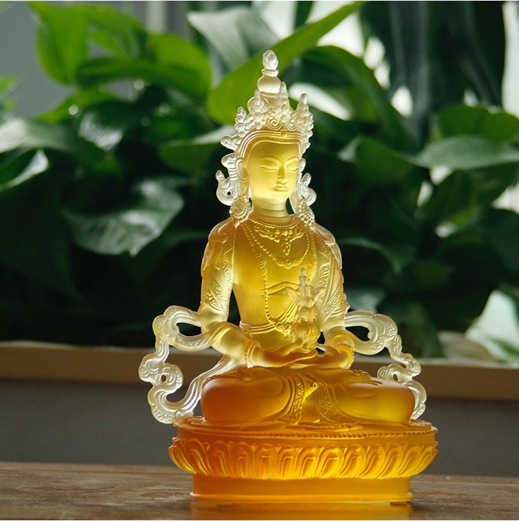 Liu Li Amitayus Buddha Statue | Glass Sculputre Ornaments | Religion | Longevity Buddha | Tibetan Mantra | Altar Praying | Meditation