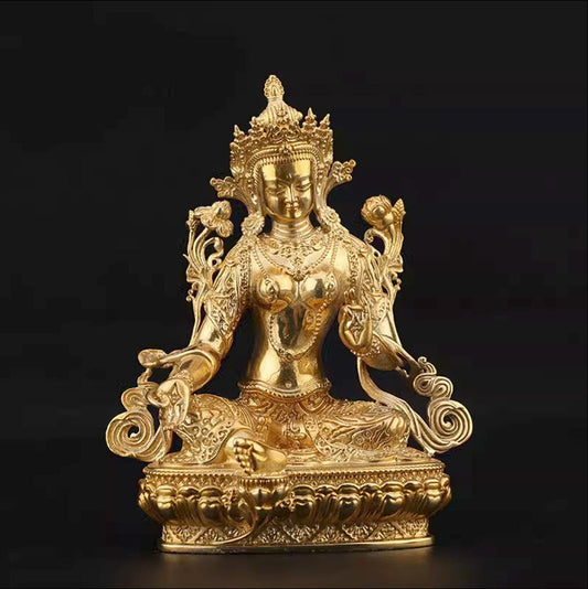 Tibetan Brass Gold Color Green Tara Buddha Statue | Spiritual and Religion | Meditation | Buddha Decoration and Ornament